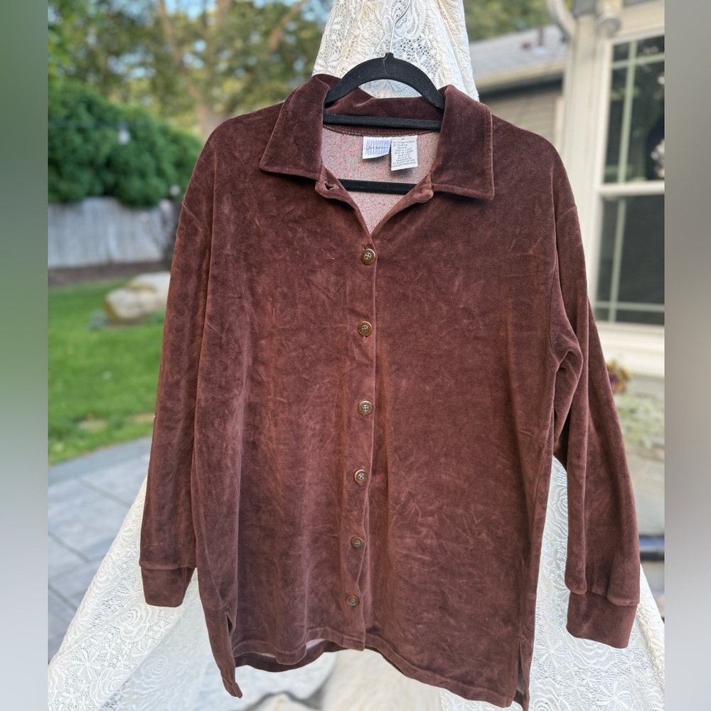 Vintage 80s chocolate Brown Button-Up Velvet Shirt